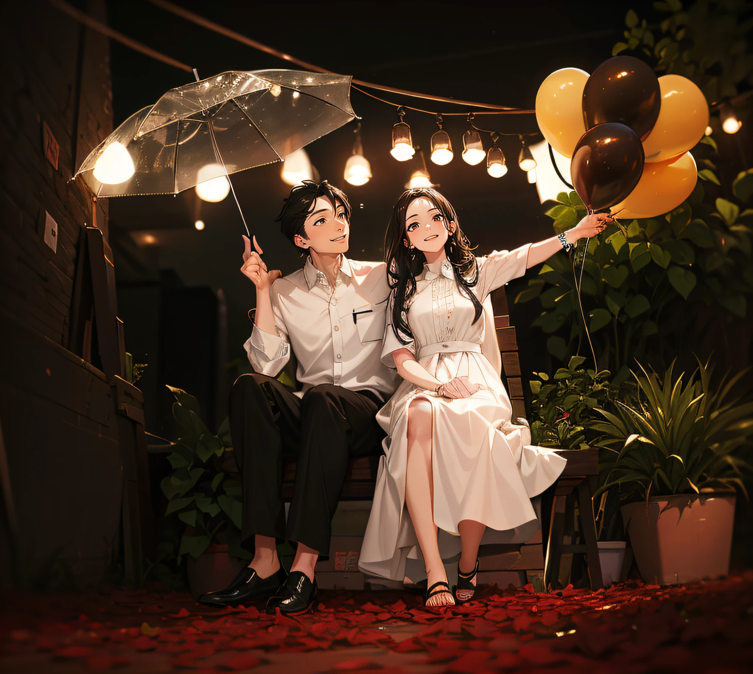masterpiece, best quality, 2others, couple, 1man with 1woman, mature, adult, Height difference, different fashion, different color, finely detailed eyes and detailed face, intricate details, casual clothes, oversized shirt, modern urban street, smile, happy, love, umbrella, balloon