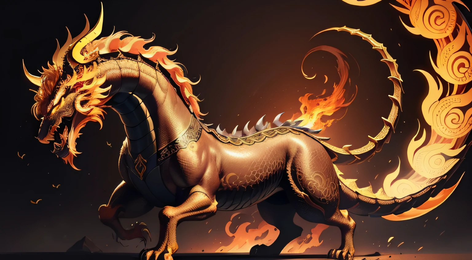 There is a golden dragon,There is a fish on the back, chinese dragon engrave, Chinese Dragon, smooth chinese dragon, Golden dragon, fire lion, a majestic gothic indian dragon, chinese dragon concept art, colored illustration for tattoo, ancient chinese ornate, mythological creatures, digital painting of quetzalcoatl, majestic japanese dragon, Dragon, asian dragon as latte art