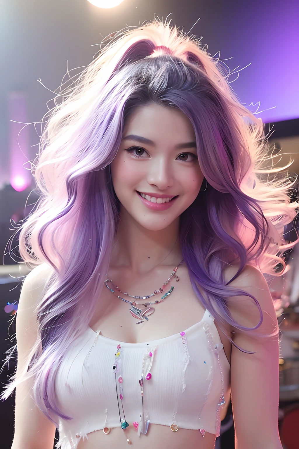 (extra detailed body、extra detailed face、best qualtiy:1.2)、femele、looking at the viewers、(Purple and white gradient hair、Big hair ornament、、Outstanding smile、piercing of bird feathers down to the bottom of the shoulder,、a necklace、Colorful feather tank top)、(Live venue in the background:1.4)hippy