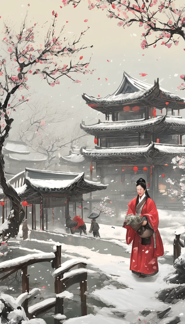 (Blurred foreground:Heavy snowfall:2.0,),(Plum petals fall:1.6),(Chinese Song dynasty beauties dancing:1.5),(snow landscape,realisticlying,anatomy correct,Asian star face,ssmile,The hands and face are very delicate and clear),(Stand in the middle of a quaint courtyard,Plum tree,Flowing winter clothes of the Song Dynasty),(Bellows:1.5),(wide angles,Ultra HD details,Masterpiece, hyper HD, Super detail, High details, Best quality, A high resolution, Award-Awarded, 8K),(Chinese premium color scheme,电影灯光)