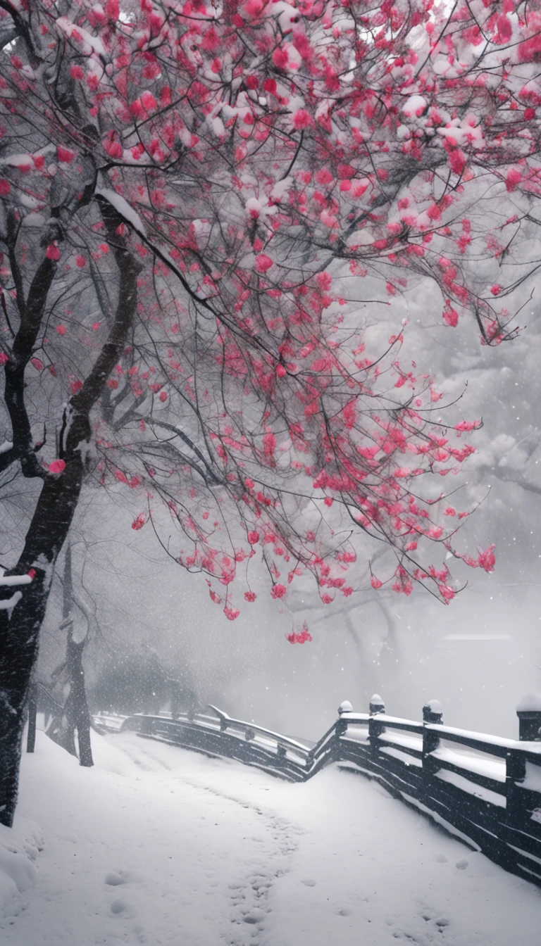 (Blurred foreground:Heavy snowfall:2.0,),(Plum petals fall:1.6),(Chinese Song dynasty beauties dancing:1.5),(snow landscape,realisticlying,anatomy correct,Asian star face,ssmile,The hands and face are very delicate and clear),(Stand in the middle of a quaint courtyard,Plum tree,Flowing winter clothes of the Song Dynasty),(Bellows:1.5),(wide angles,Ultra HD details,Masterpiece, hyper HD, Super detail, High details, Best quality, A high resolution, Award-Awarded, 8K),(Chinese premium color scheme,电影灯光)
