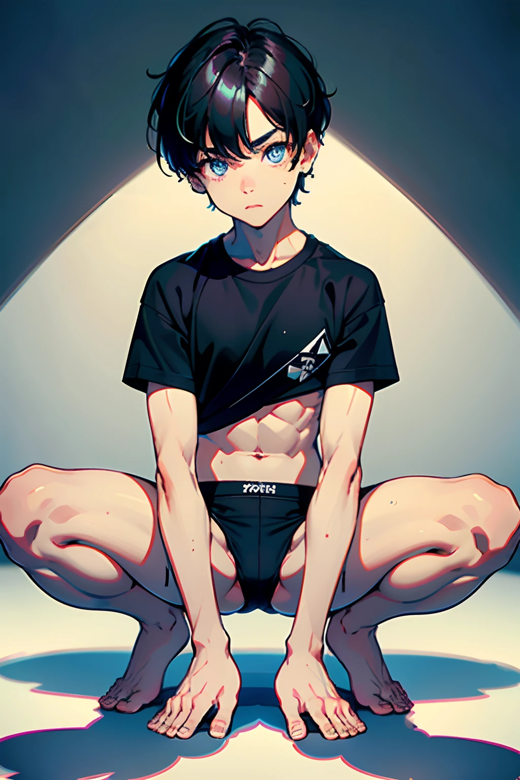 #quality (Highest quality,Masterpiece,A high resolution,8K image quality,Perfect anatomy), #composition (Low angle,worms-eye-view,There was a boy.), #person (A -yeld bomall but cute boy、Bullish personality、honor student、Good impression、Muscular arms、Masculine hands、Knees、Male thighs、Big breasts Thin waist,Sweaty), #Boy facial (Big drooping eyes、Strong-willed、Serious eyes,blue color eyes), #Boy's hair (His hair was dark and shiny. He has short, straight hair,Hairstyle is natural and neat,M-shaped bangs.), #Boy cloth (He was wearing a pair of black panties, It is tight-fitting.), #Boy's background (Black background,White sheets), #Boy's pose (He stroked his abdomen with one hand,Sit flat,wide open thighs,Postural instability), #Boy's emotions (perplexed、Patience,is shy)
