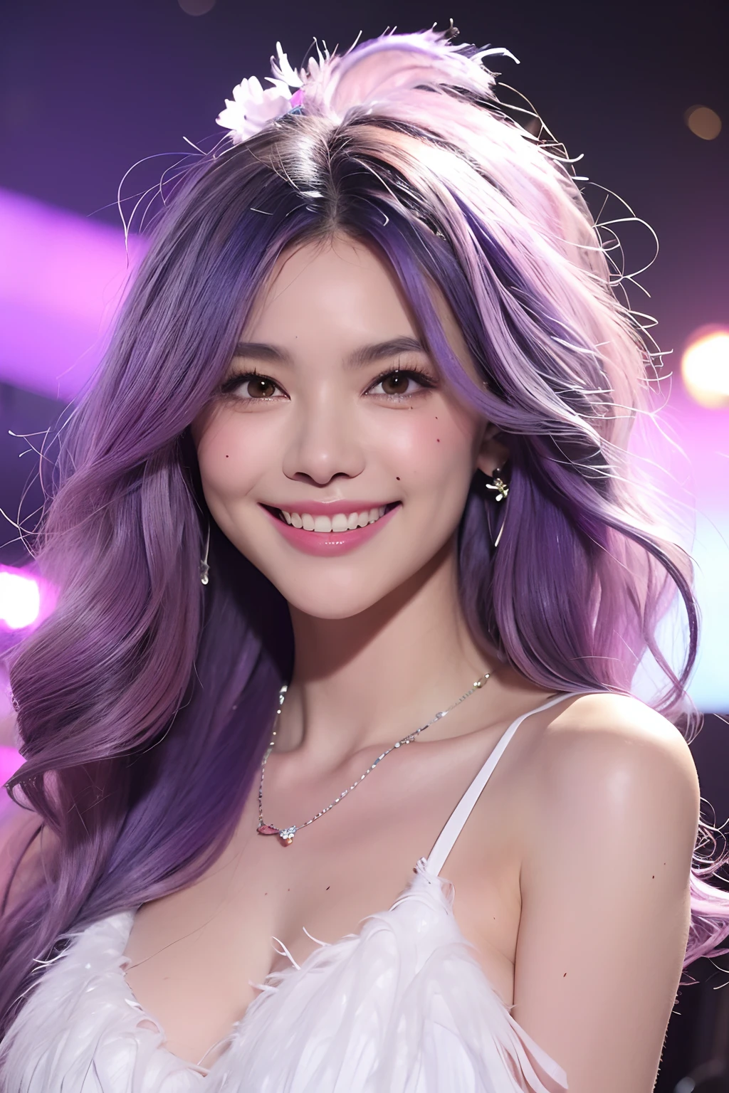 (extra detailed body、extra detailed face、best qualtiy:1.2)、femele、looking at the viewers、(Purple and white gradient hair、Big hair ornament、17 age、Outstanding smile、piercing of bird feathers down to the bottom of the shoulder,、a necklace、Colorful feather tank top)、(Live venue in the background:1.4)hippy