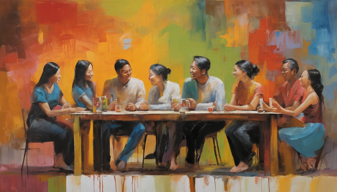 a group of asian young friends, 5 people, 3 men and 2 women, sitting around the table having a happy chat about their future.