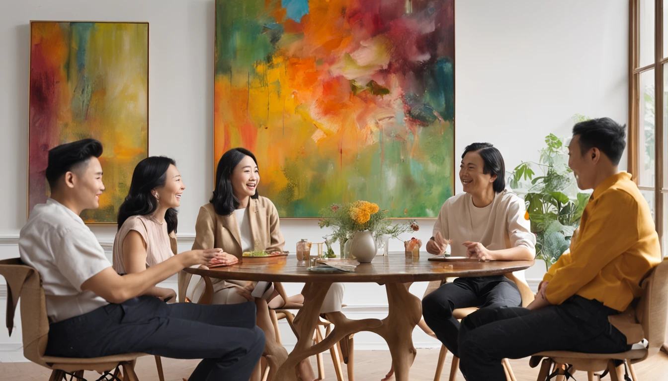a group of asian young friends, 5 people, 3 men and 2 women, sitting around the table having a happy chat about their future.