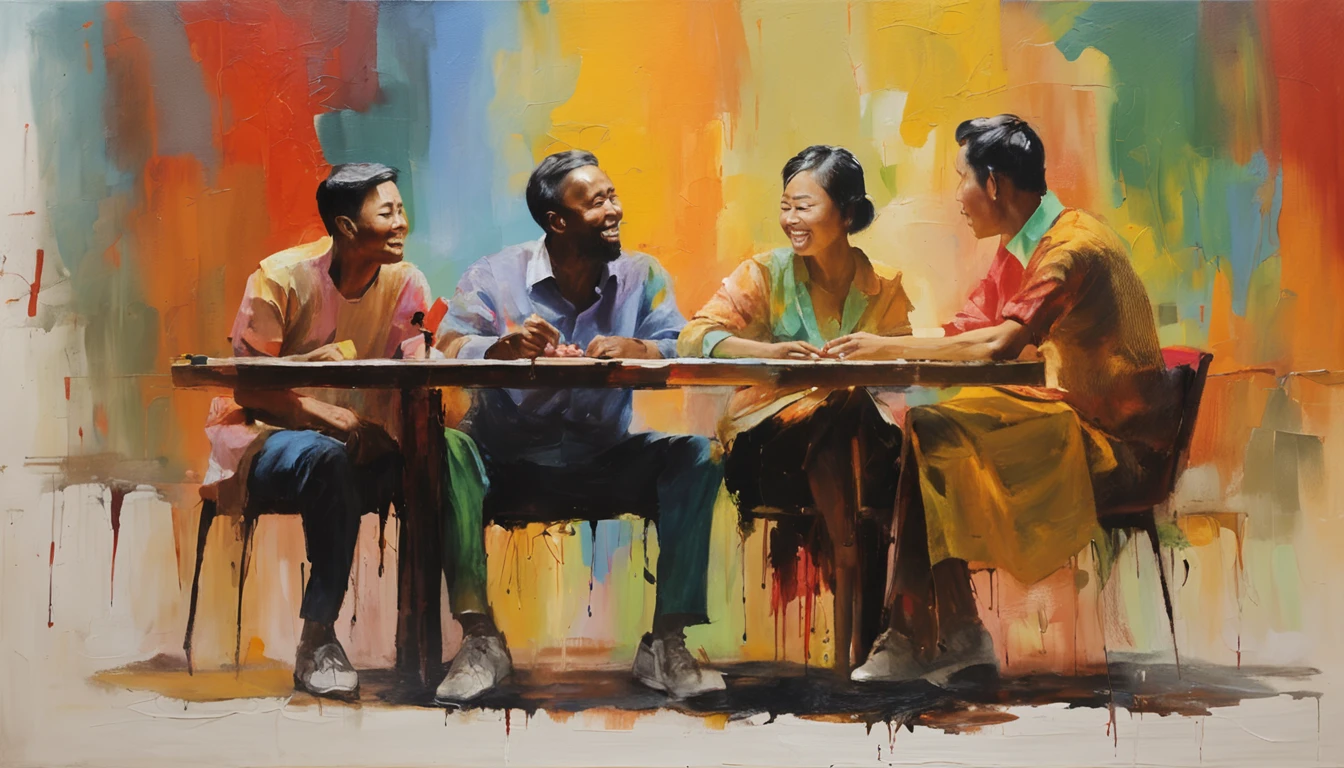 a group of asian young friends, 5 people, 3 men and 2 women, sitting around the table having a happy chat about their future.