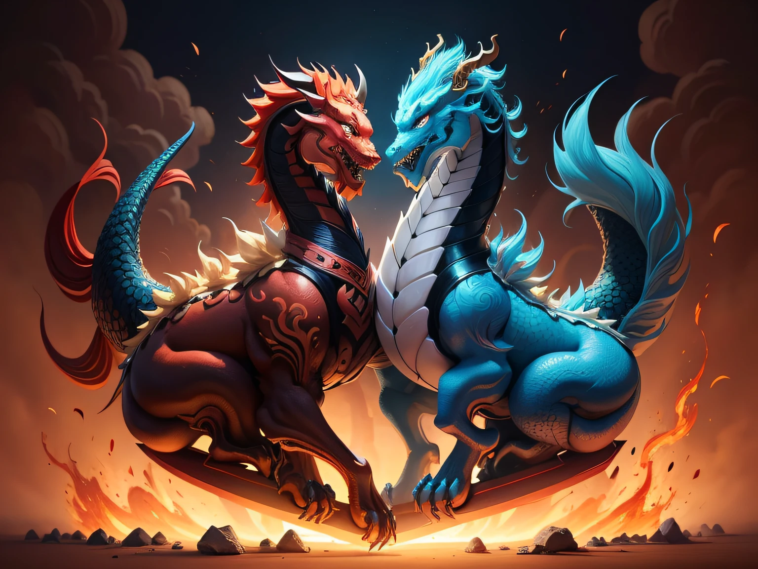 Chinese mythological story background，Inspired by the mythical creature Pixiu，The head of a Chinese dragon，Stout limbs，The tail of the Chinese dragon，Cyan body