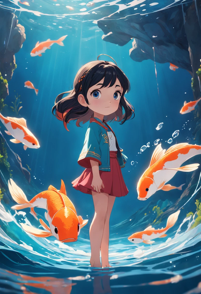 movie picture quality，Disney animation，style of disney animation，Disney movie animation，3D movies，China-style，Little girl with short braids standing in front of a huge koi，swell sea，depth of fields，high light，Real light，Ray traching，oc rendered，Hyper-realistic，best qualtiy，8K，Works of masters，super-fine，Detailed pubic hair，Correct anatomy，sharp focus on eyes，Bokeh，Facial features are carefully depicted