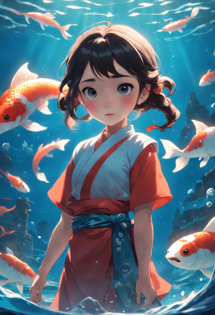 movie picture quality,Disney animation,style of disney animation,Disney movie animation,3D movies,China-style,Little girl with short braids standing in front of a huge koi,swell sea,depth of fields,high light,Real light,Ray traching,oc rendered,Hyper-realistic,best qualtiy,8K,Works of masters,super-fine,Detailed pubic hair,Correct anatomy,sharp focus on eyes,Bokeh,Facial features are carefully depicted