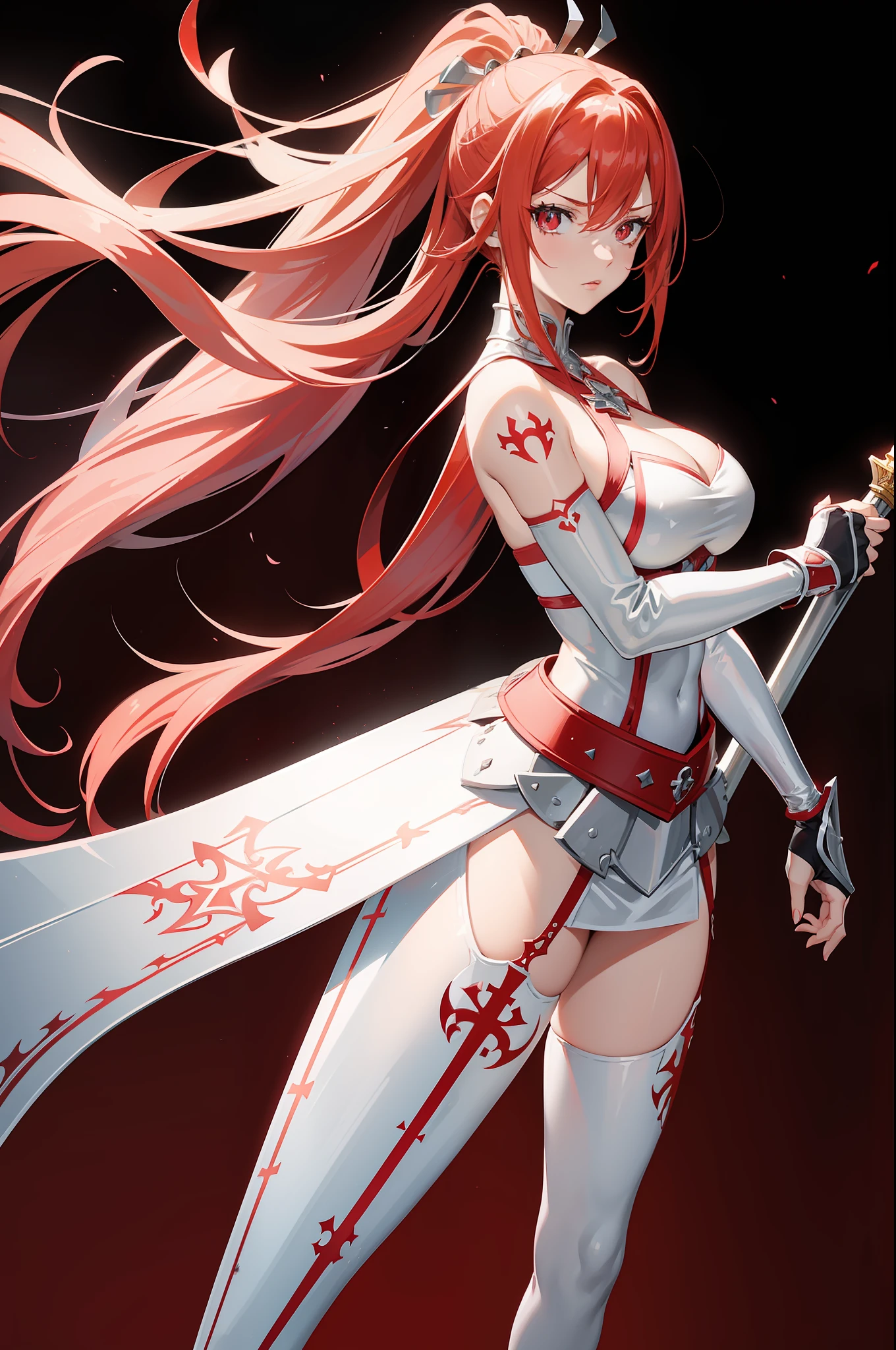 erza scarlet, half silver color steel breast plate with a cross pattern, bright red pupil, super mini battle skirt, holding giant silver boardsword, high pony tail, perfect body shape, 16k, sharp angel aura, steel hand glove, holy tattoo, long silk leggings, scarlet red color hair,silver color stylish pauldrons, 4k wallpaper quality
