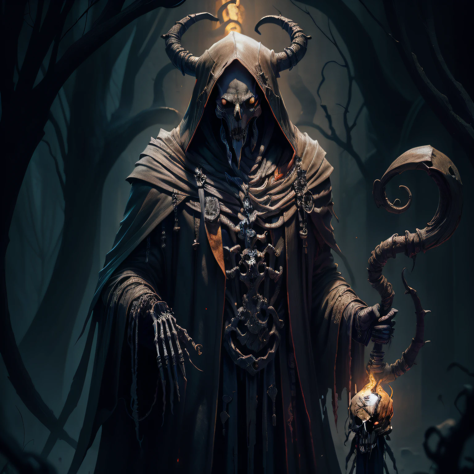 (necromancer):(skeletal features, enriched horror, withered hooded cloak), (holding a wooden staff with a skull attached to it), (located on a cursed cemetery)