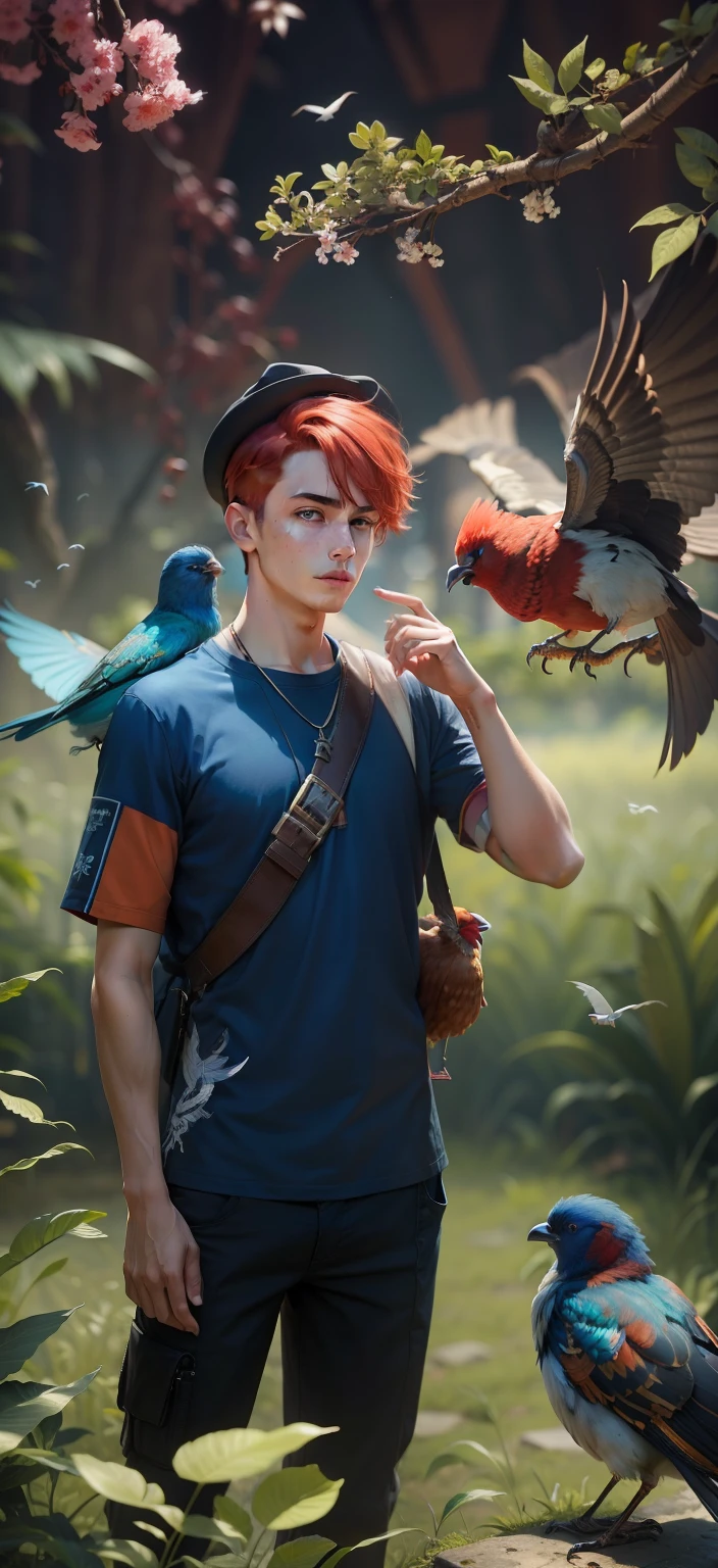 Boy With Birds futuristic background realistic fack ,fantastic cloth, bule,red hair, high quality Picture Hd