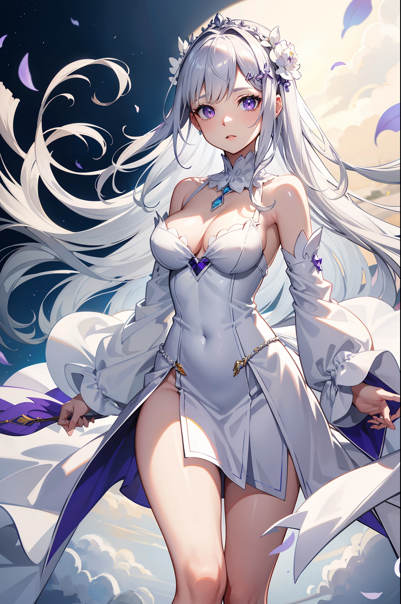 Emilia Re:Zero kara Hajimeru Isekai Seikatsu, gorgeous white and purple wedding dress, holding a bunch of flower, silk accesory, veil, grace hair style, best quality, flower flying, garden background, perfect body shape, 16k, small breast, holy and forzen aura, detailed skin, silver necklace, diamond ring, masterpieces, silver and light purple pupil, heavy make up, 4k wallpaper quality