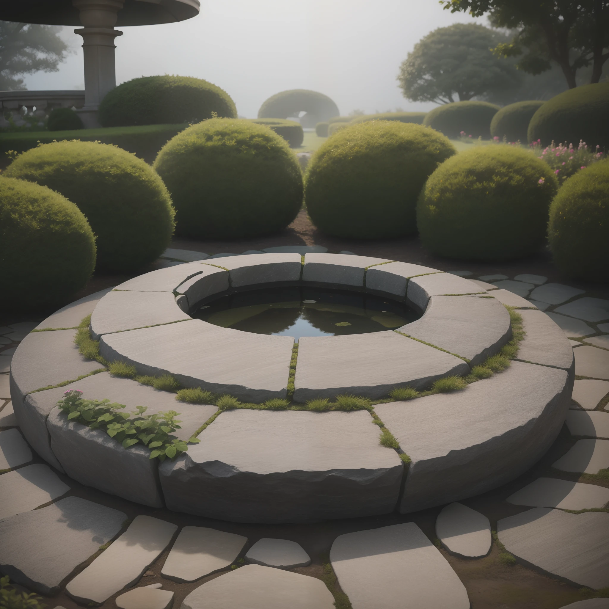 closeup of 1 simple cylindrical stone  in the middle of a garden, foggy garden backdrop,  the stone is round, background environment. 8 k, photoreal, f1.4, minimalistic