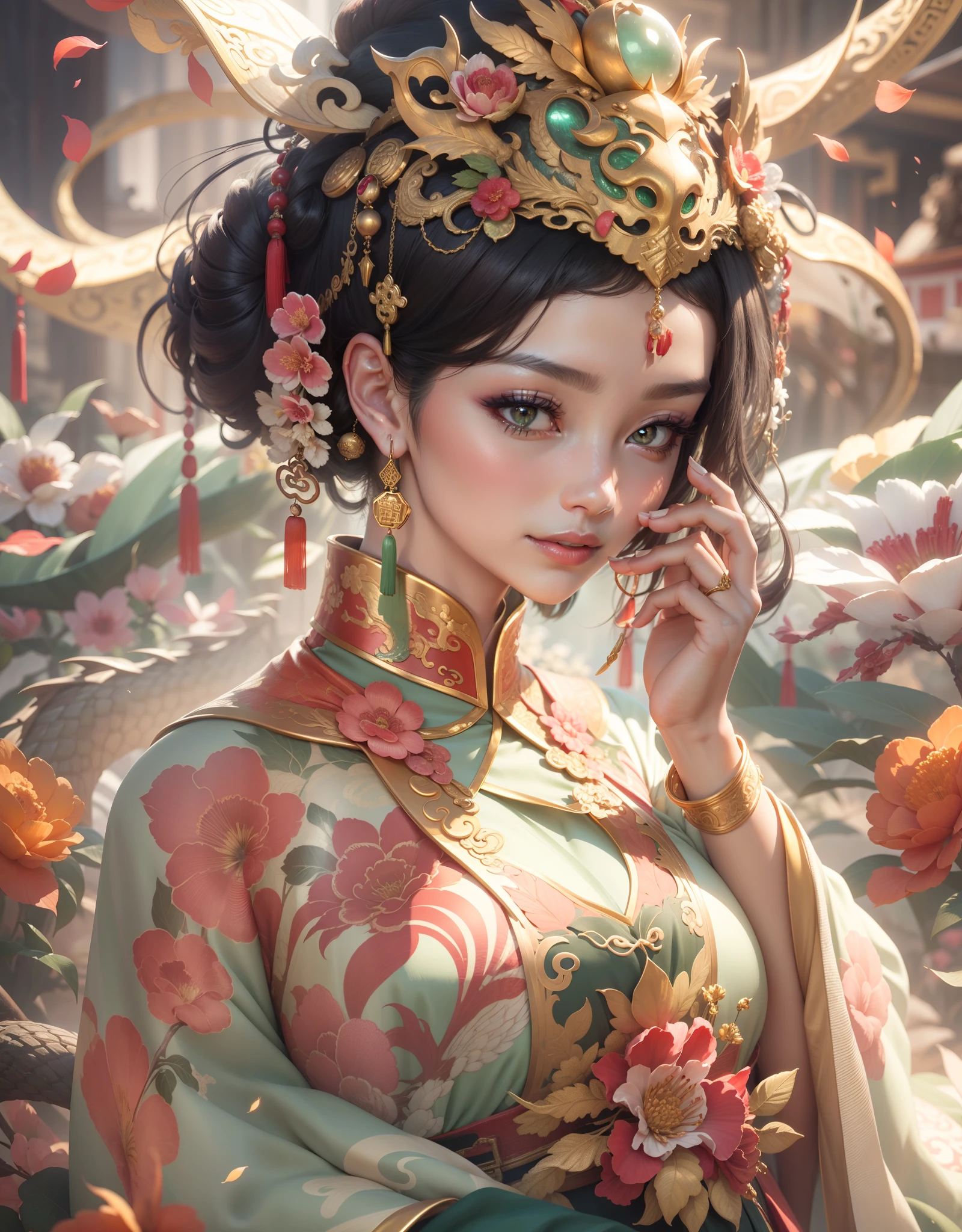 Art depicts a charming woman,Large breasts,Dressed in a flowing manner、Silky traditional oriental dress,In pink,Tight translucent clothing,Tight translucent pants,Decorated with intricate patterns and bright colors。Her dress draped elegantly over her curvy figure,Highlights her seductive silhouette。She stands gracefully by the tranquil Lotus Lake,bathed in the soft glow of the moonlight。The scene exudes an ethereal and dreamy atmosphere,With a touch of mystery and sexiness。The image style incorporates watercolor and digital illustration techniques,It evokes a refined beauty and charm。The lights are filled with soft moonlight,casting soft highlights and shadows on her charming features。Bare thighs,Wear tight translucent pants,Bigchest,Three-dimensional facial features,sitted,your legs,Side braids