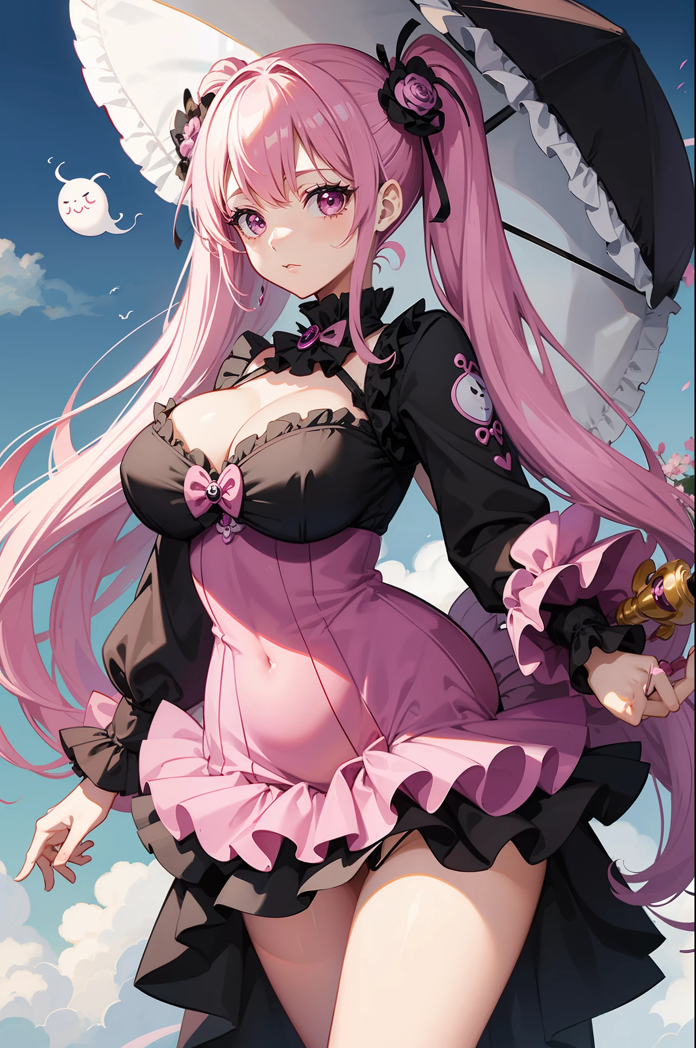 one piece ghost princess perona, ghost and sakura aura, holding a cute umbrella, black pink gothic outfit, hair tied into two curly pigtails with black and white flower hairpins, perfect body shape, wearing black top hat with ribbon, masterpieces, light make up, ghost effect, 4k wallpaper quality