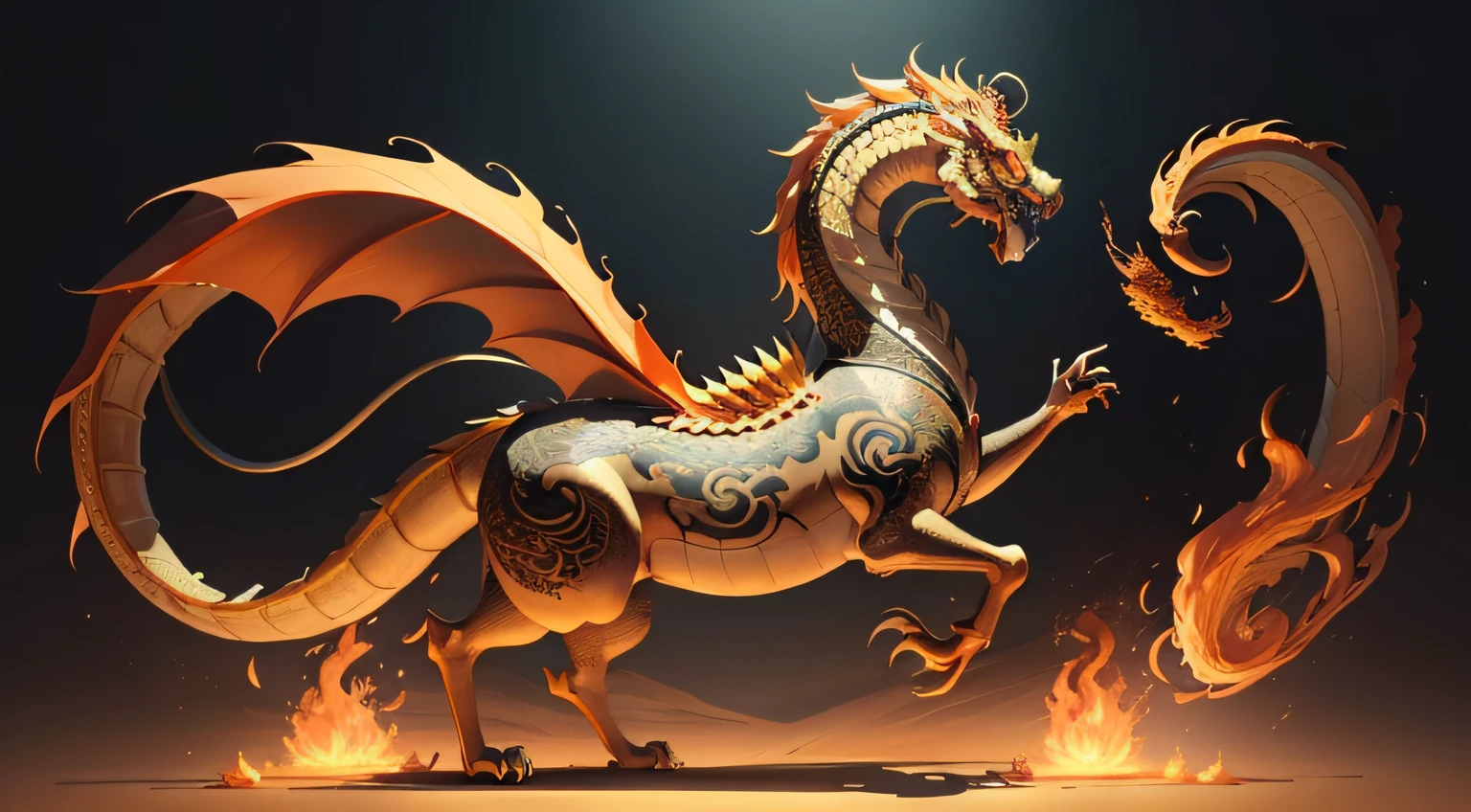 There is a golden dragon，There is a fish on the back, chinese dragon engrave, Chinese Dragon, smooth chinese dragon, Golden dragon, fire lion, a majestic gothic indian dragon, chinese dragon concept art, colored illustration for tattoo, ancient chinese ornate, mythological creatures, digital painting of quetzalcoatl, majestic japanese dragon, Dragon, asian dragon as latte art