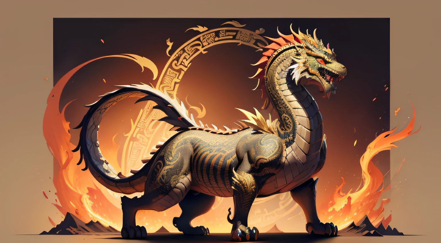 There is a golden dragon,There is a fish on the back, chinese dragon engrave, Chinese Dragon, smooth chinese dragon, Golden dragon, fire lion, a majestic gothic indian dragon, chinese dragon concept art, colored illustration for tattoo, ancient chinese ornate, mythological creatures, digital painting of quetzalcoatl, majestic japanese dragon, Dragon, asian dragon as latte art