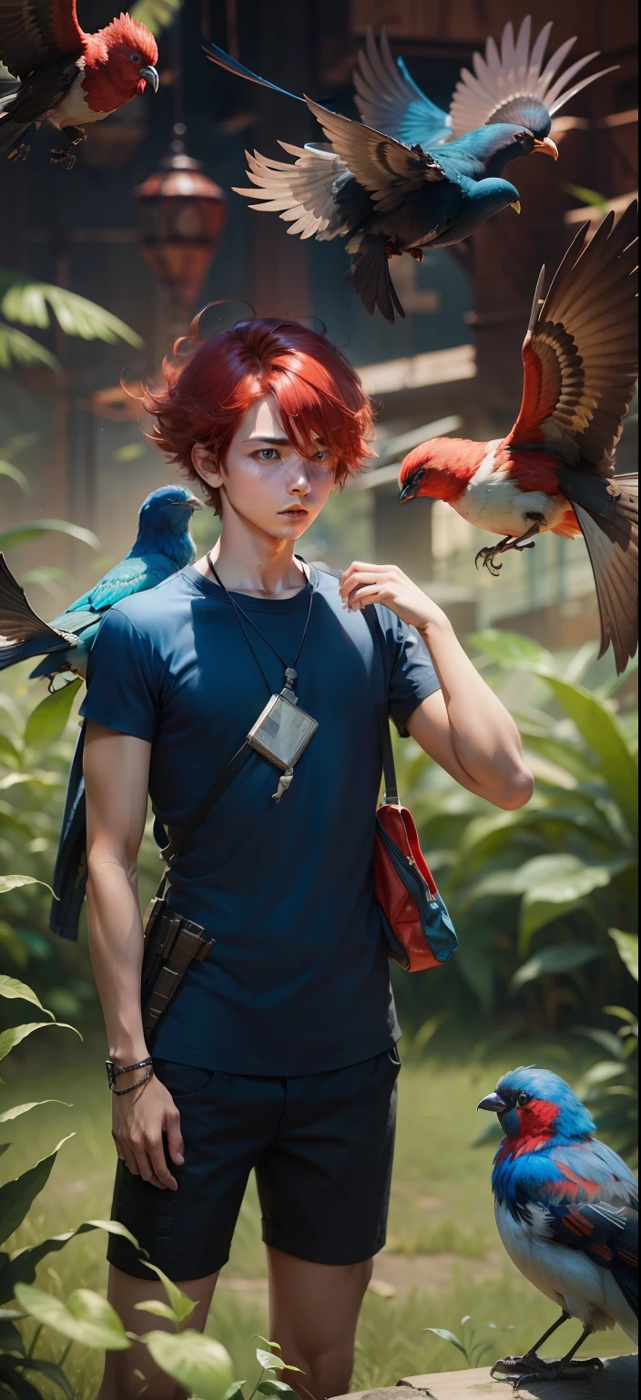 Boy With Birds futuristic background realistic clear fack ,fantastic cloth, bule,red hair, cyberpank high quality Picture Hd