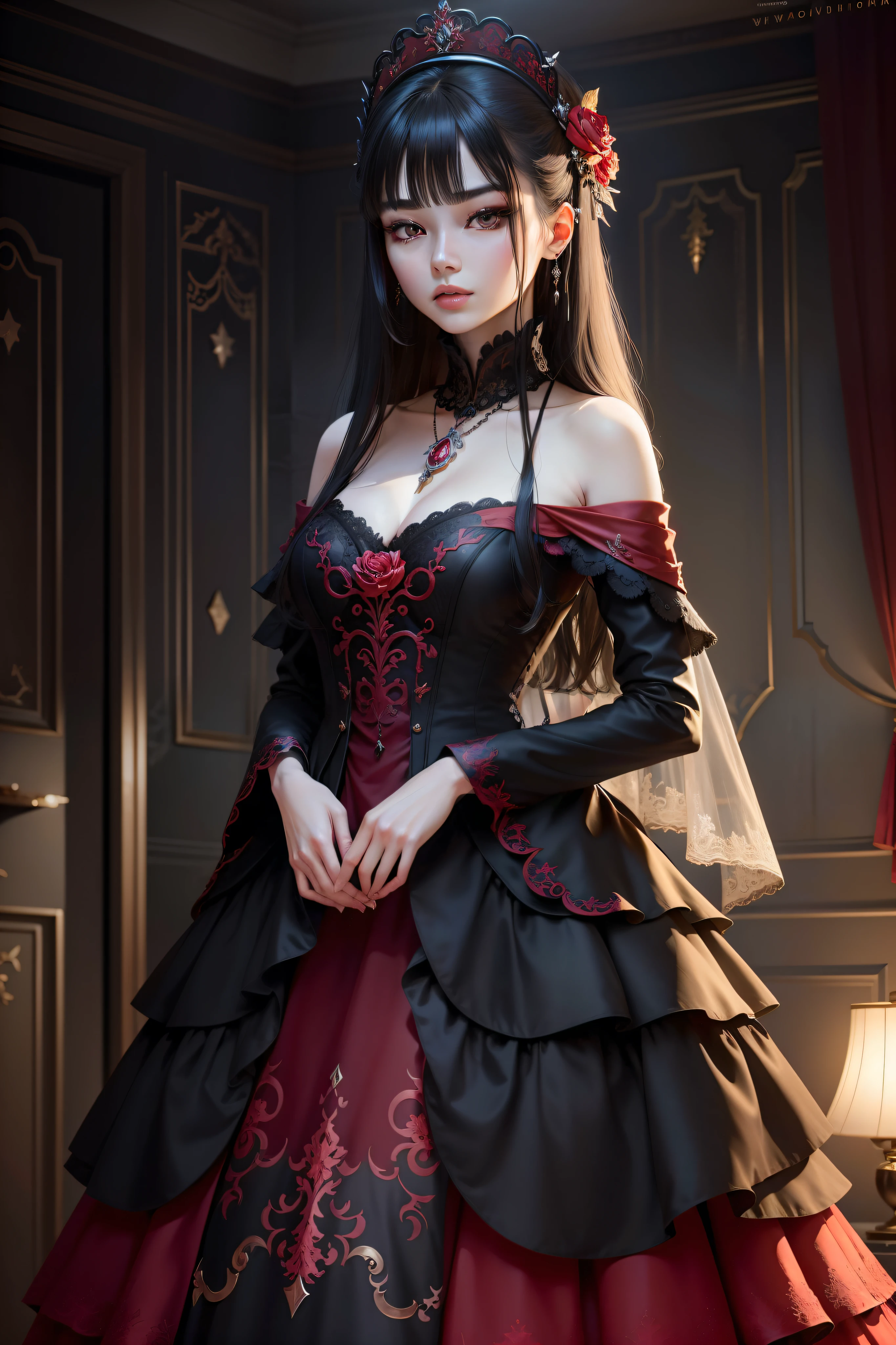 Best quality, high resolution, masterpiece: 1.3), a tall and beautiful Korean woman, (medium black hair: 1.2), wearing pendant, pouf dress, black and red wedding dress fashion dress design "haute couture" fairy charming fantasy fantastic theme black embroidery with some ruby red details embroidered frills, red and black, layers. Dark mode of layers, layers, layers, evil, stars, moon, fog and wind, without any pose, standing (background is in the living room at home), beautifully presented details in face and skin texture, detailed eyes, double eyelids, face with high cold