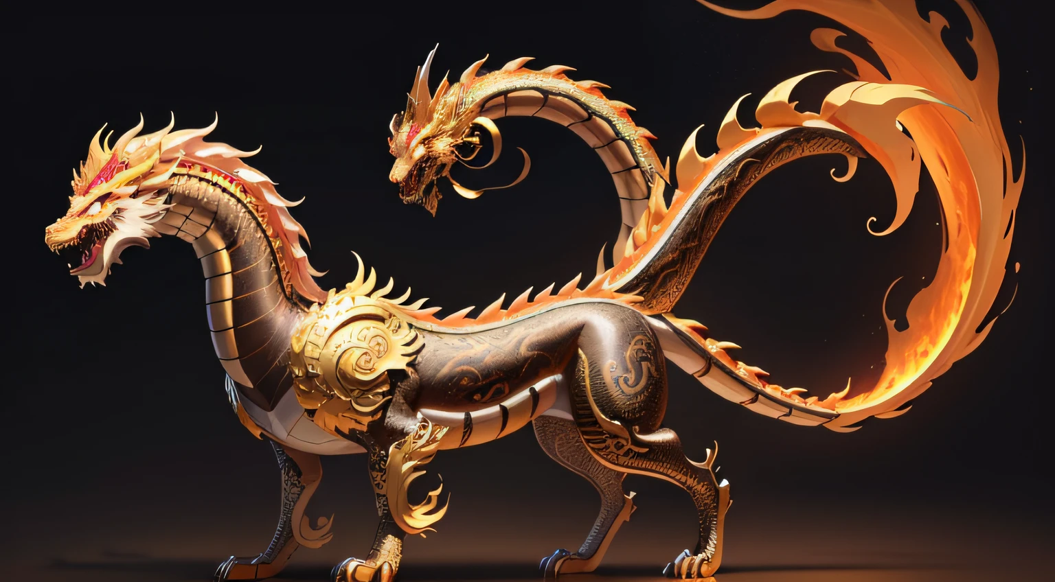 There is a golden dragon，There is a fish on the back, chinese dragon engrave, Chinese Dragon, smooth chinese dragon, Golden dragon, fire lion, a majestic gothic indian dragon, chinese dragon concept art, colored illustration for tattoo, ancient chinese ornate, mythological creatures, digital painting of quetzalcoatl, majestic japanese dragon, Dragon, asian dragon as latte art