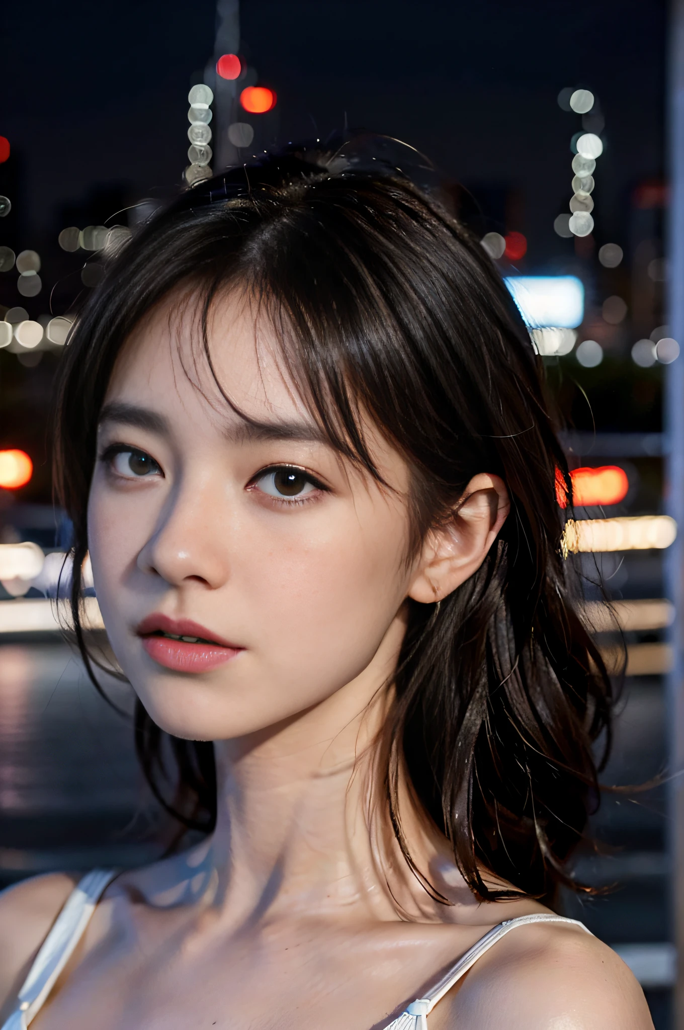 (top-quality、hight resolution、masterpiece:1.3)、Tifa Lockhart、clean25Mature Woman、Slender figure beauty、Dark brown hair styled in loose waves、(white pale skin)、a small face、Bust Size B、Shortcut Hair、no-makeup、Details exquisitely rendered in the face and skin texture、Eyes with detailed pupils、二重まぶた、doress、New York City at night