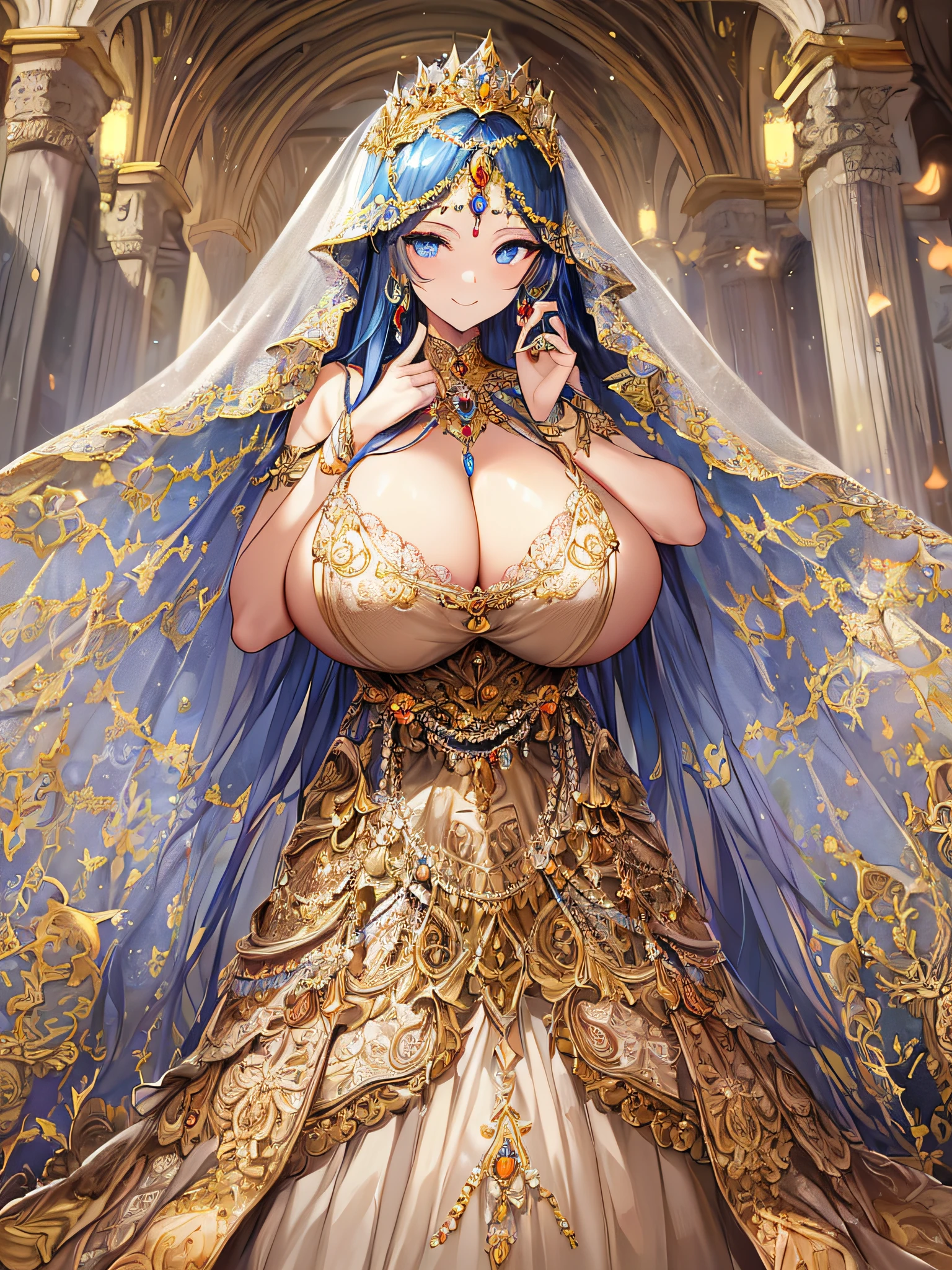 (anime artstyle),((Masterpiece,Best Quality,Super Detail,Very Delicate and Beautiful)),Solo,((full body,standing picture)),standing in the sacred cathedral,((Sacred atmosphere)),((1 Holy High Priestess in beautiful embroidery and jeweled gorgeous rococo princess ballgown dress with voluminous full length hoop skirt)),(crinoline),gorgeousfull embroidery,(gorgeous gemstone jewelry),(detailed face and eyes),jewel-like eyes,smile,((large amount of straight hair,extremely Long voluminous Hair)),Sacred Veil,((gigantic tits,Long tits,skindentation)),gorgeousfull embroidery,cleavage,extremely gorgeousfull hair ornament,(bling-bling extremely gorgeousfull jeweled tiara),gorgeous corsage,Stained glass,(Dynamic Angle),Looking at viewer,((full body)),((beautiful embroidery and jeweled gorgeous rococo princess ballgown dress with voluminous full length hoop skirt))