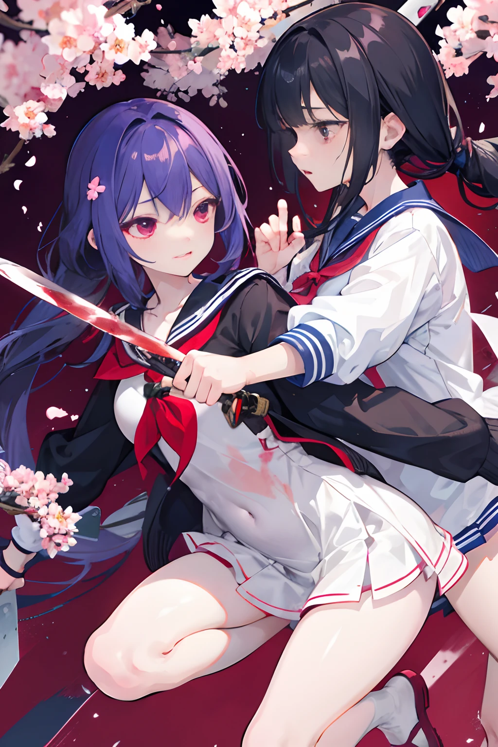 2girls、nightcity、Weapons with blood on them、Great body、Great legs、Sailor suit with blood on it、Wearing a cardigan、A dark-haired、Sword、Holding a weapon with blood on it、Cherry blossoms are dancing、poneyTail、Ordinary girl、The actions of two people who fight、a cool、It's battered