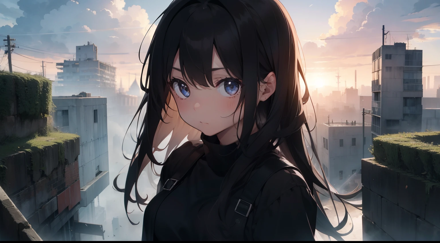 High quality, 1girl in, saddened, Look down, Bottom of the earth, stand up, abyss, A city surrounded by high walls, Dark Cloud, Black Dress, Long hair, dystopian, Dark