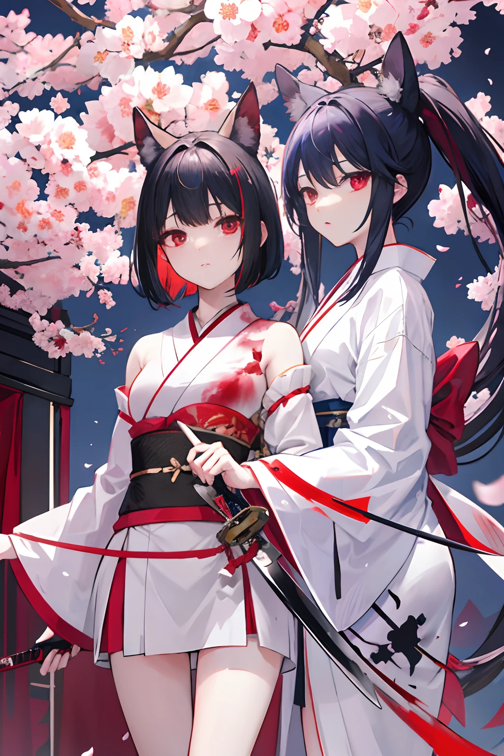 2girls、nightcity、Weapons with blood on them、Great body、Great legs、White kimono black hair with blood on it、Sword、Holding a weapon with blood on it、Cherry blossoms are dancing、poneyTail、Ordinary girl、The actions of two people who fight、a cool、It's battered