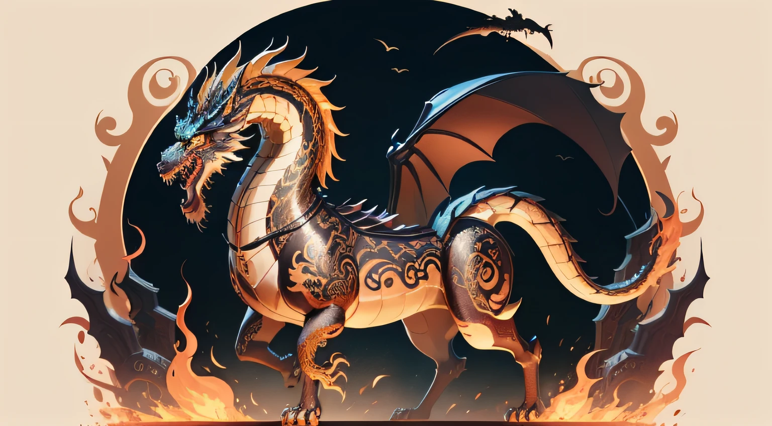There is a golden dragon，There is a fish on the back, chinese dragon engrave, Chinese Dragon, smooth chinese dragon, Golden dragon, fire lion, a majestic gothic indian dragon, chinese dragon concept art, colored illustration for tattoo, ancient chinese ornate, mythological creatures, digital painting of quetzalcoatl, majestic japanese dragon, Dragon, asian dragon as latte art