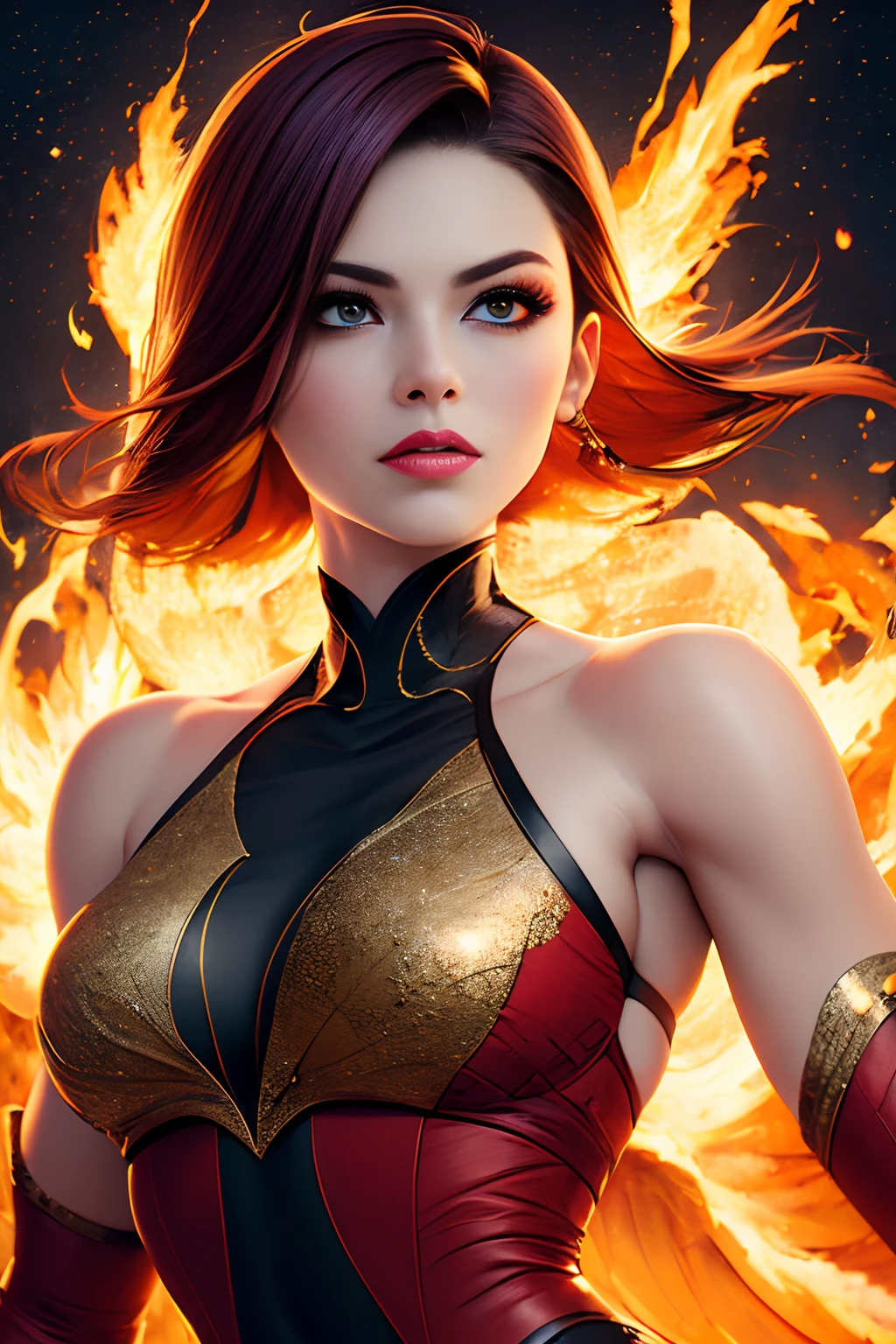 Describe Jean Grey in her Phoenix form, with flaming fiery feathers, sticking out of her back and enveloping her body. Her eyes glow with golden light, when it floats in the air, surrounded by an aura of flame. His arms are stretched forward, Sparks of cosmic energy, emanating from his fingertips. She wears a red and gold suit with patterns of fire feathers, and the expression on her face is determined and powerful. Ao fundo, There is an intense glow of flame and the silhouette of trees, burning in the midst of flames.