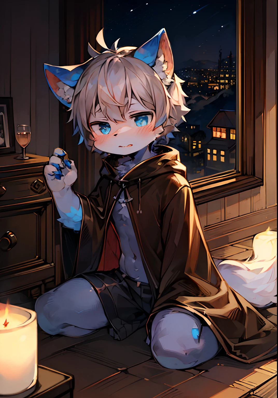 (ambiente dark:0.8),masterpiece,high quality,abstract res,digital painting\(artwork\), by dagasi, yupa,kiyosan,(anthro,fluffy fur,character focus:1.1),anthro male cat,short hair,portrait , eyes with brightness, in a panoramic view, Character focus.(detailedbackground:0.7), 独奏, shaggy, shaggy male, malefocus, anthr,(Full Body Furry, Fluffy tail, Black fur, blue color eyes, Gray hair:1.2), (long canines、Vampires、cloaks：1.2），（interiors、the night、borgar、casket：1.1）