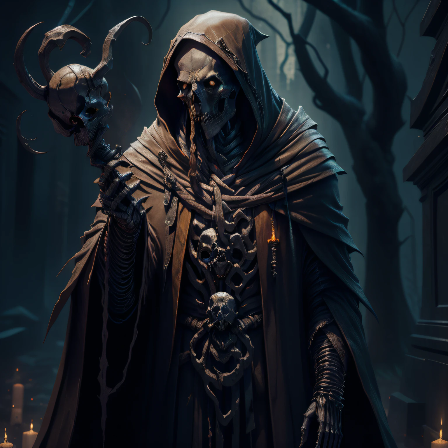 a skeletal necromancer wearing a tattered cloak with a hood, a magical spear made of bone in one hand, wearing a medallion with an eye, detailed skeletal face, detailed skeletal hands, dark fantasy, dramatic lighting, moody atmosphere, cinematic, intricate details, high quality, 8k, dark magic, gothic, fantasy, conceptart, dark and gritty, dramatic shadows, cinematic composition, dramatic pose
