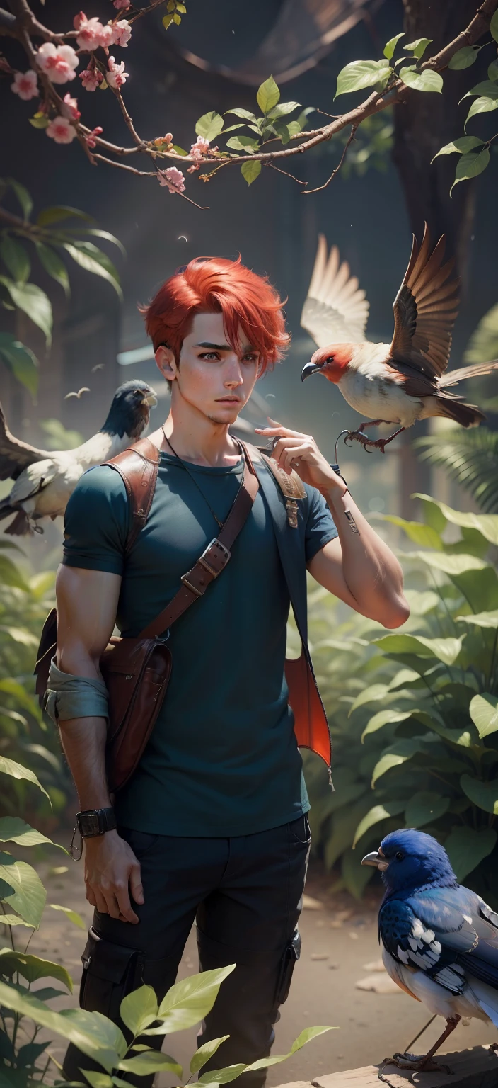 create an image of a young adult man white and athletic man, his eyes are green, his hair is pink, straight and short, his face is round and beautiful, his eyes are bright, his lips are thick, he has an Italian nose, his cheekbones are well defined and soft, his skin glows, he is in a well-lit forest surrounded by butterflies, his expression is confused, he is standing, shirtless and with cuts on his body, he is wearing black shorts and old brown shoes