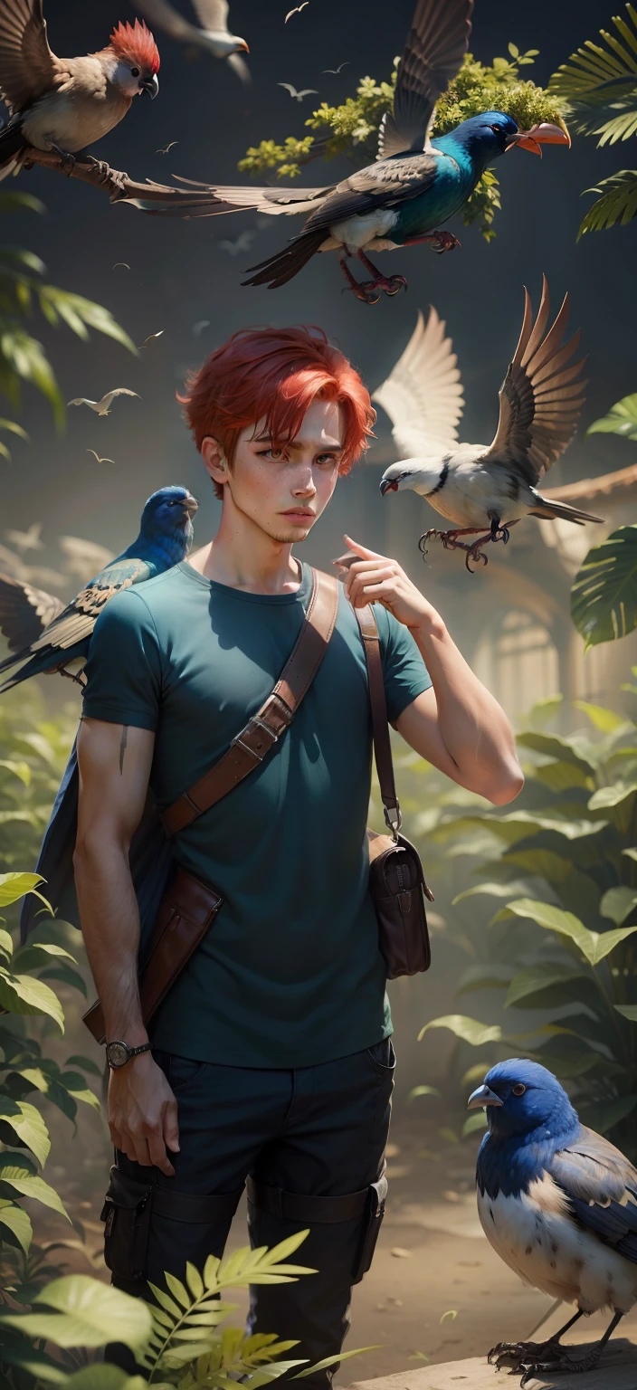 Boy With Birds futuristic background realistic fack ,fantastic cloth, bule,red hair, high quality Picture Hd