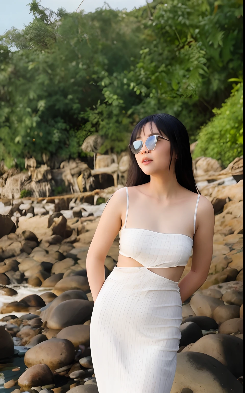 woman in white dress standing on rocks near water and trees, with sunglass, mai anh tran, wearing two - piece swimsuit, wearing white dress, hot with shining sun, standing near the beach, in style of lam manh, in sun glasses, wearing white camisole, posing on a beach with the ocean, white polygonal dress, in white clothes
