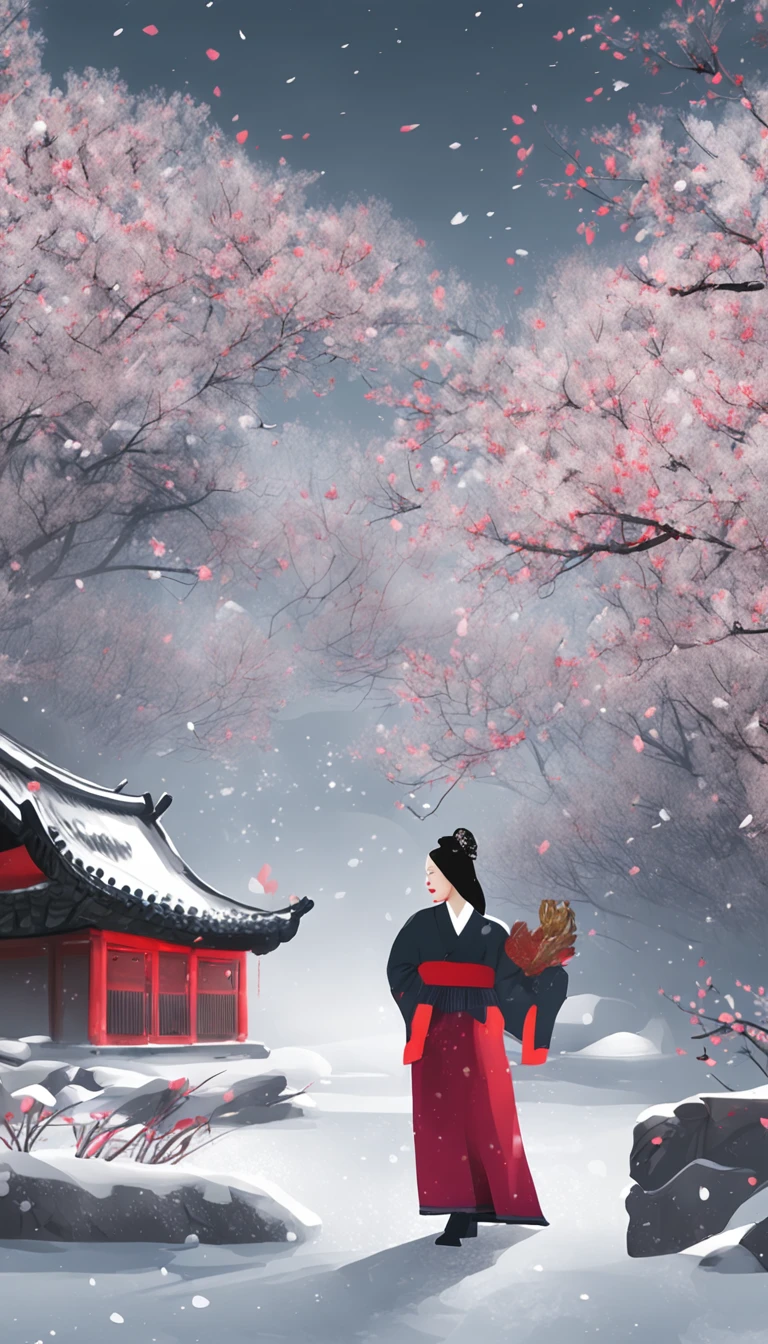 （Blurred foreground：Heavy snowfall：2.0，），（Plum petals fall：1.6），（Chinese Song dynasty beauties dancing：1.5），（snow landscape，realisticlying，anatomy correct，Asian star face，ssmile，The hands and face are very delicate and clear），（Stand in the middle of a quaint courtyard，Plum tree，Flowing winter clothes of the Song Dynasty），（Bellows：1.5），（wide angles，Ultra HD details，Masterpiece, hyper HD, Super detail, High details, Best quality, A high resolution, Award-Awarded, 8K），（Chinese premium color scheme，电影灯光）