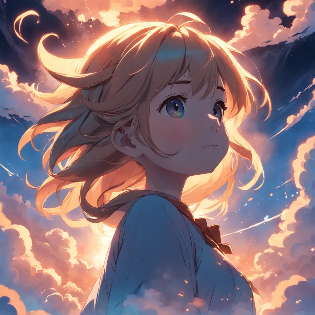 masterpiece, best quality, movie still, 1girl, cloud girl, floating in the sky, close-up, bright, happy, warm soft lighting, sunset, (sparks:0.7)