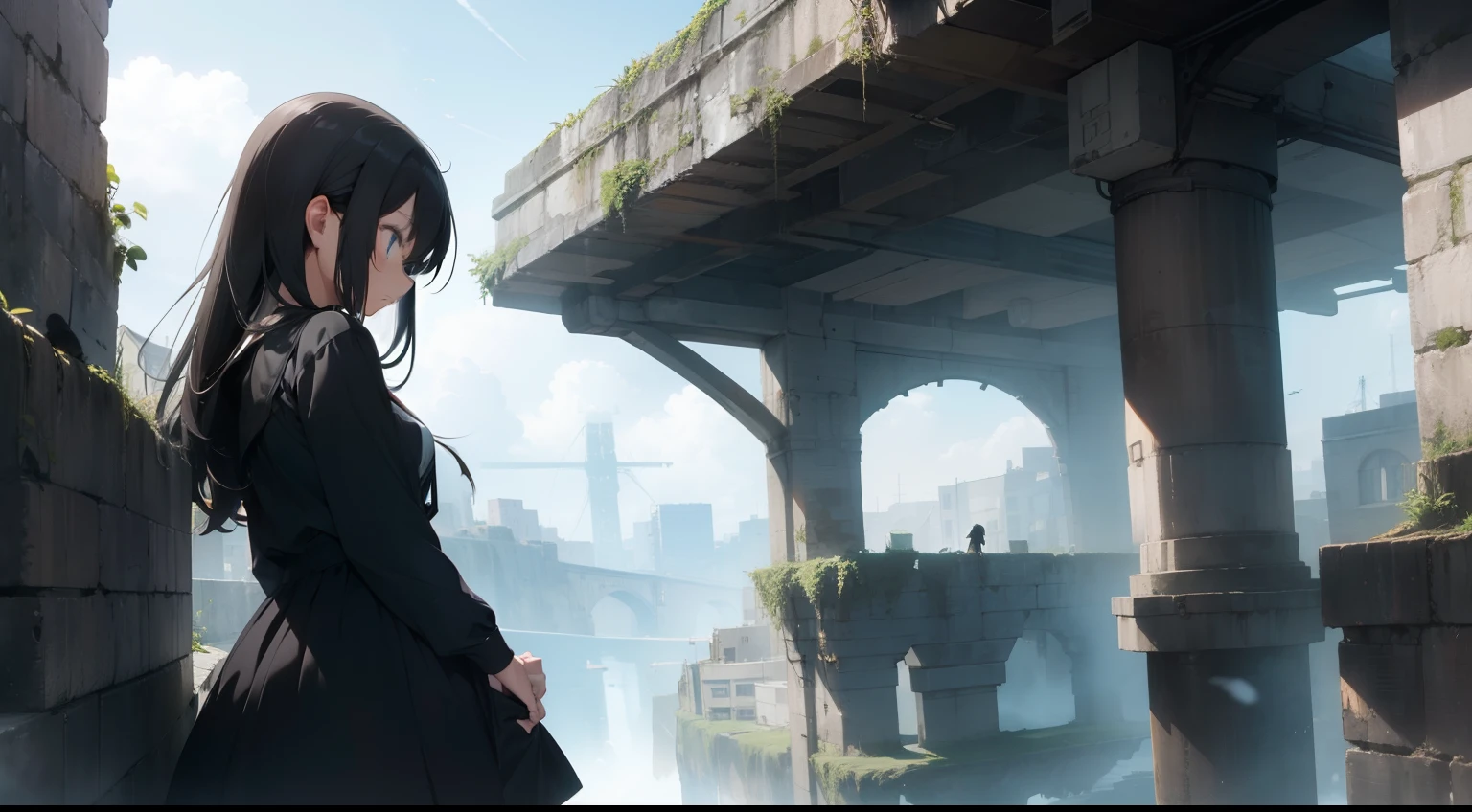 High quality, 1girl in, saddened, Look down, Bottom of the earth, stand up, abyss, A city surrounded by high walls, Dark Cloud, Black Dress, Long hair, dystopian, Dark