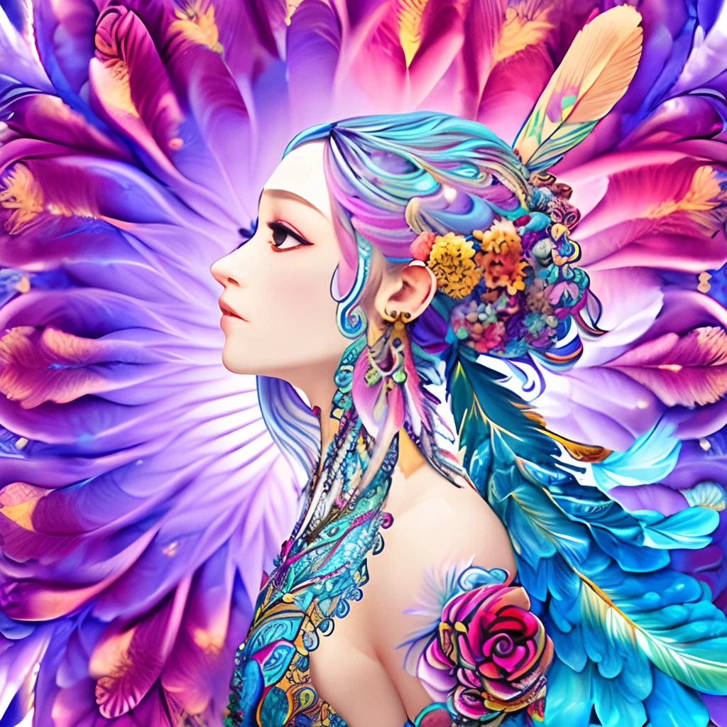 (masterpiece, top quality, best quality, official art, beautiful and aesthetic)(1girl)fractal art, colorful, flowers, zentangle, full body, abstract background, shiny skin, many colors, earrings, feathers,