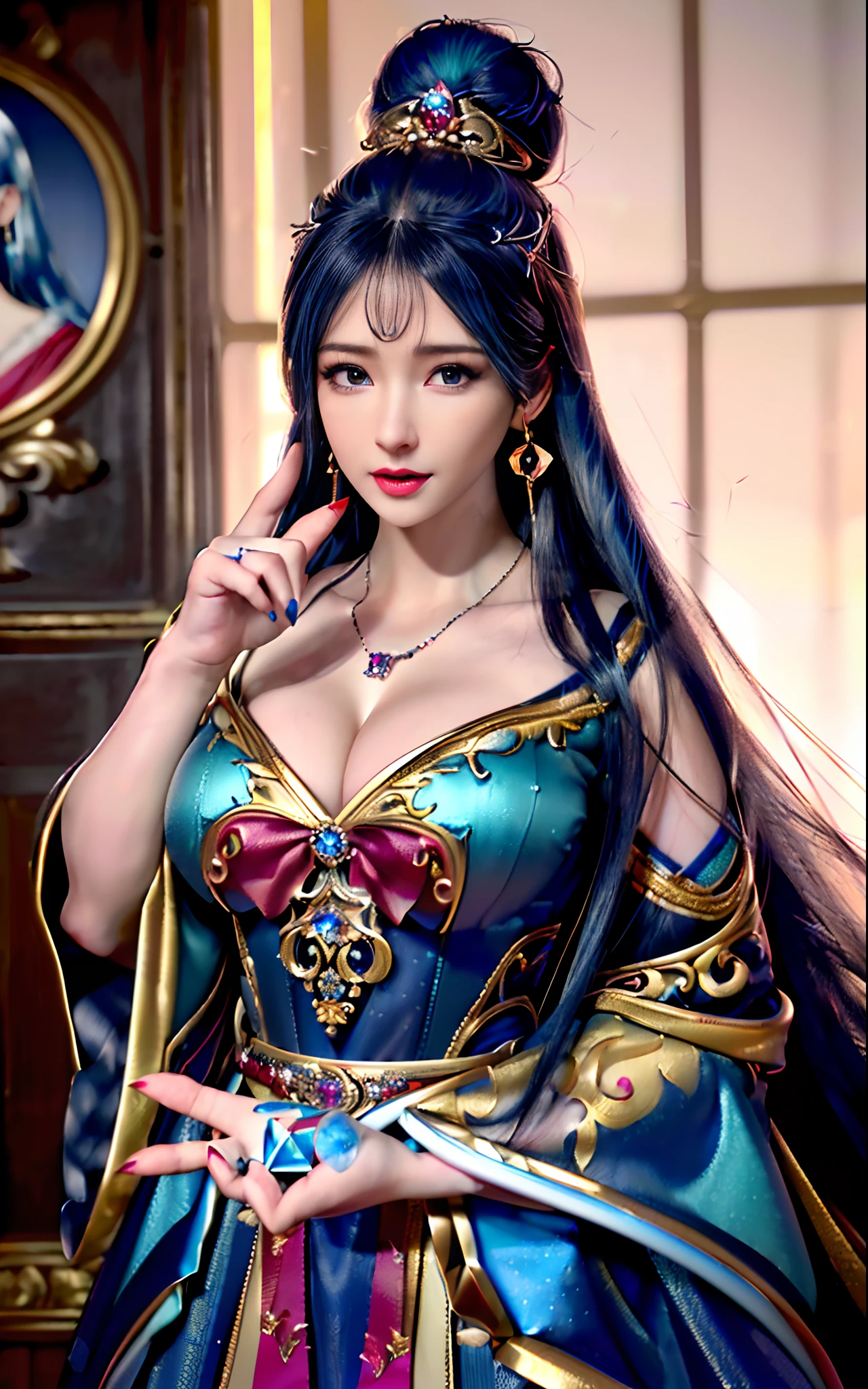 ((realisticity: 1.2)), ((realistic: 8K UHD)), ((best resolution: 8K UHD)), hyper detailed, best quality,masterpiece,highres,cg, ((1 girl hyper detailed and hyper realistic) ) , ((beautiful queen, hyper realistic and hyper detailed)),((white skin, beautiful, smooth, youthful, hyper realistic and hyper detailed )), ((Face hyper beautiful, white, hyper realistic and hyper detailed ) ), long hair, ((hyper realistic and hyper detailed dress)), solo, ((hyper realistic, hyper beautiful, beautiful and hyper detailed jewelry)), ((hyper beautiful deep red and golden yellow dress, hyper realistic and hyper detailed )) , ((Her pretty, hyper realistic, hyper detailed diamond filled earrings)), ((Her gorgeous diamond haircut, hyper realistic and hyper detailed)), ((hyper pretty upper body, hyper beautiful, hyper realistic and hyper detailed) ), ((medium breast: 1.1)), ((hyper realistic, hyper pretty, hyper detailed boobs)), ((the backgroun of the royal palace is hyper majestic, hyper realistic and hyper detailed)),((hands and palms hyper beautiful, hyper detailed, hyper realistic)), ((hyper detailed and hyper realistic fingers and fingernails)), ((hyper pretty fingernails, hyper vivid, hyper detailed, hyper realistic)), ((thumb, index finger, middle finger, ring finger, little finger hyper vivid, hyper pretty, hyper detailed, hyper realistic)),  
((hyper beautiful fingers, hyper detailed, and hyper realistic)), ((posture not too fat and not too thin, hyper realistic, hyper detail)), ((hyper pretty, hyper pretty, hyper realistic and hyper detailed hair bun)), ((hyper pretty , hyper realistic and hyper detailed blue hair)), candid, Photo, high resolution, 8k , bokeh,