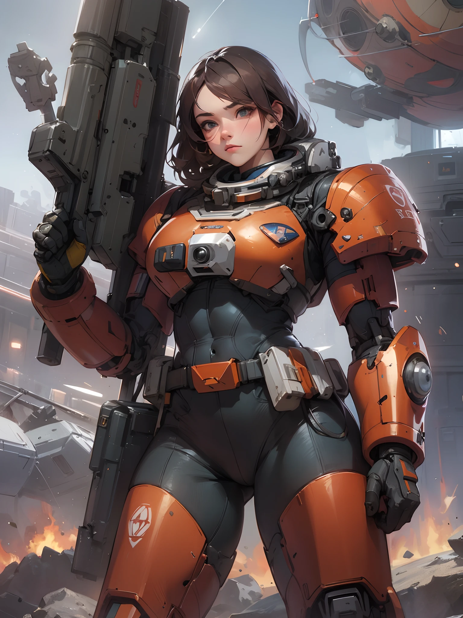 (Artwork of exceptional craftsmanship),(Detailed illustrations,(Very ideal ???????),Very detailed and detailed drawing,Delicate lines with slow and rapid,(Realistic texture expression)),[Color tressed main line],(Space Battlefield [Space Mobile Fortress]),[独奏],[[ANIME]] Bionic Girl Beauty 15 years old ((well-muscled)) [plump] (Astronauts Cyborg) [Space Marine Corps Military [MASCHINEBODY]],Iron Spear [[Machine Gun Bazooka] Saber Rifle Bullet Belt Firearm][[Rocket Pack]],[White Devil],Zero Gravity Front,Gravure Battle Damage,Spatial Combat,(Fine and beautiful skin expression [Transparency]),[Clear gaze],[Perfect eye details (Eyes beautifully drawn down to the smallest detail)],(Beautiful perfect face [Realistic face details:0.8]),[More on shiny hair],(Perfect hand details),(Perfectly proportioned:1.2),([Advanced structural understanding of materials],Ideal color coordination),([Precision Detail],HighQuality,hight resolution),[(Accurate simulation of light-material interactions),Mechanically correct representation,Perfect ???????],[Graffiti art with a sense of narrative].
