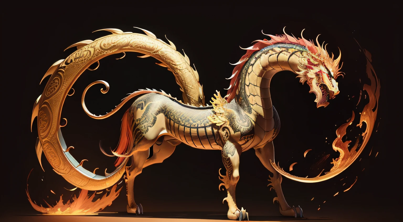 There is a golden dragon,There is a fish on the back, chinese dragon engrave, Chinese Dragon, smooth chinese dragon, Golden dragon, fire lion, a majestic gothic indian dragon, chinese dragon concept art, colored illustration for tattoo, ancient chinese ornate, mythological creatures, digital painting of quetzalcoatl, majestic japanese dragon, Dragon, asian dragon as latte art