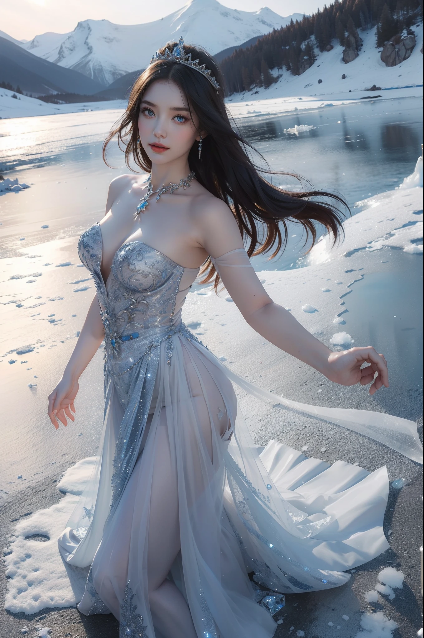 ((top-quality、​masterpiece、photographrealistic:1.4、8K))、a very beautiful woman、18year old、extremely detailed eye and face、beatiful detailed eyes、ice queen、（Fantastic blue dress in medieval European style）、Luxury accessories、graceful face、（Imagine a scene in which the Ice Queen stands on a frozen lake in a blizzard。Her hair and costume are decorated with ice crystals、The figure is expressed with cold and dignity）、Beautiful lighting、Textured skin、Super Detail、high detailing、High quality、hight resolution、（looking at the viewers）、europian、（Snowy mountains at high altitudes in the background）