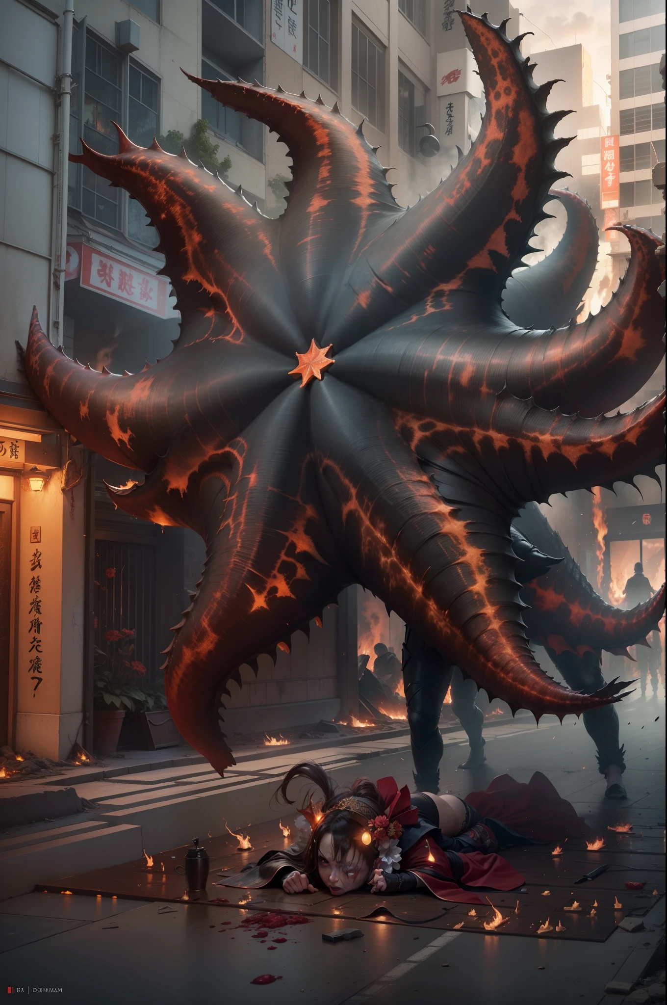 movie picture quality，Real Photographics，Hyper-realistic，scary movie lighting，（Super giant starfish monster：1.5），Extremely large，blood vess，frotting，Murderous，Raging in Tokyo, Japan，（Destroyed buildings：1.4），Collapsed walls，fire glow，The frivolous clown kimono Japanese are on the run，depth of fields，high light，Real light，Ray traching，oc rendered，Hyper-realistic，best qualtiy，8K，Works of masters，super-fine，Detailed pubic hair，Correct anatomy，sharp focus on eyes，Bokeh，Facial features are carefully depicted