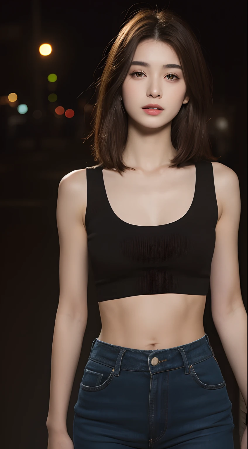 ((Realistic lighting, Best quality, 8K, Masterpiece: 1.3)), Clear focus: 1.2, 1girl, Perfect Figure: 1.4, Slim Abs: 1.1, ((Dark brown hair)), (White crop top: 1.4), (Outdoor, Night: 1.1), City streets, Super fine face, Fine eyes, Double eyelids,
