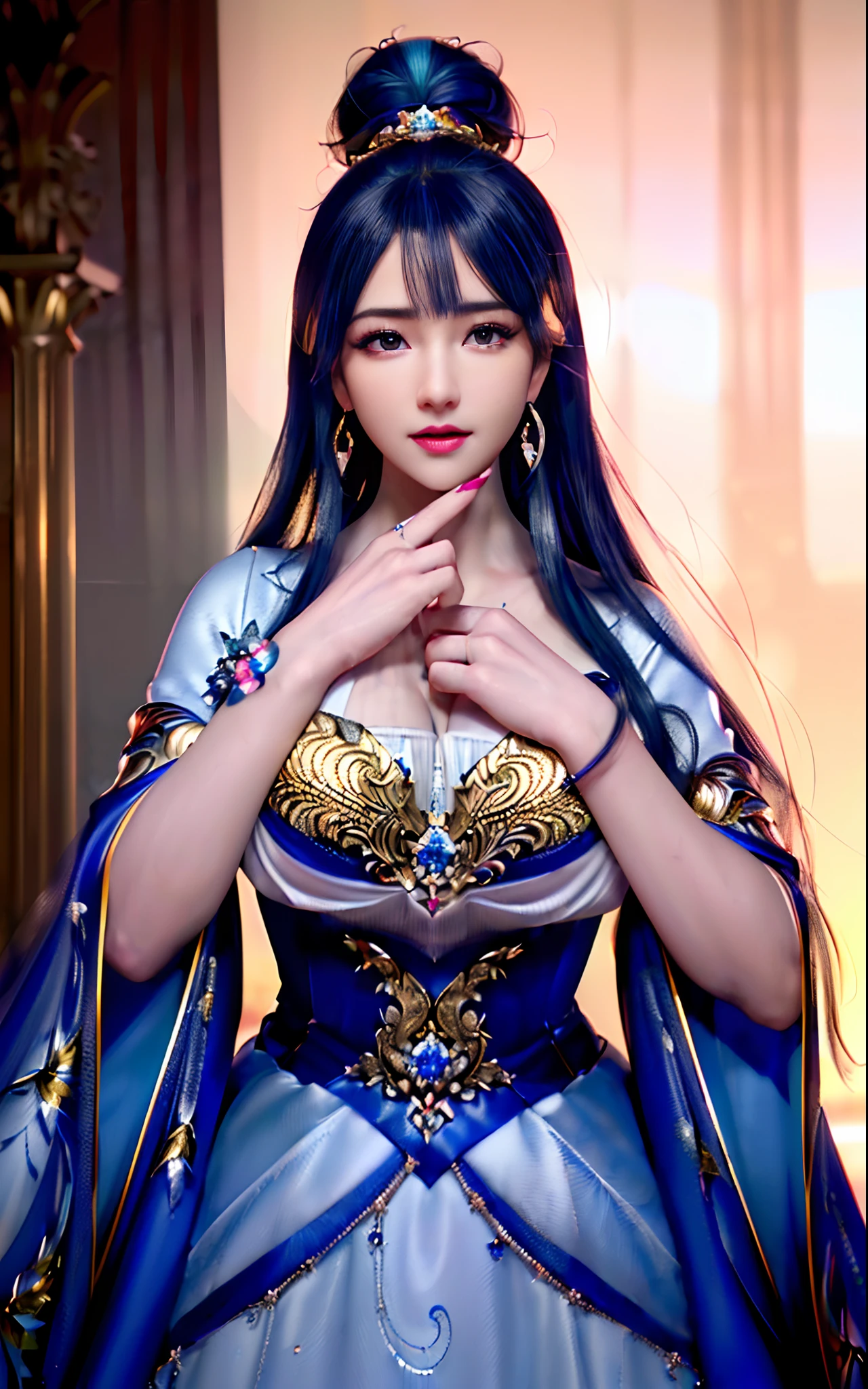 ((realisticity: 1.2)), ((realistic: 8K UHD)), ((best resolution: 8K UHD)), hyper detailed, best quality,masterpiece,highres,cg,
((1 hyper detailed and hyper realistic girl)), ((very beautiful queen dazzling, hyper realistic, and hyper detailed)),((white skin, beautiful, smooth, youthful, hyper realistic and hyper detailed
)), ((Hyper beautiful face, white, hyper realistic and hyper detailed)), long hair, ((hyper realistic and hyper detailed dress)), solo, ((hyper realistic, hyper beautiful, gorgeous and hyper detailed jewelry)), ((hyper beautiful, hyper realistic and hyper detailed dark red and golden yellow dress)),
((Hyper beautiful, hyper realistic, hyper detailed diamond filled earrings)),
  ((Hyper beautiful, hyper realistic and hyper detailed diamond filled hair ornament)), ((hyper beautiful upper body, hyper beautiful, hyper 
 realistic and hyper detailed)), ((big breasts: 2.5)), 
((Hyper grand, hyper realistic and hyper detailed royal palace backgroun))
((Hyper beautiful, hyper beautiful, hyper realistic and hyper detailed hair bun)), ((hyper beautiful, hyper realistic and hyper detailed blue hair)),
candid, Photograph, high resolution, 8k,Bokeh,