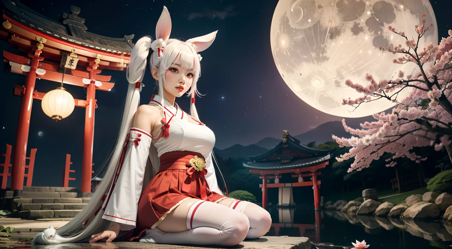 asian young woman, (long white bunny ears), (red-white cute shrine maiden outfit), long white hair, Twintails and bangs, traditional japanese hair ornaments, busty, shinto shrine under night sky with full moon, sitting, white thigh high stockings, athletic, deep red lips, pond with lotus flowers, sakura blossoms