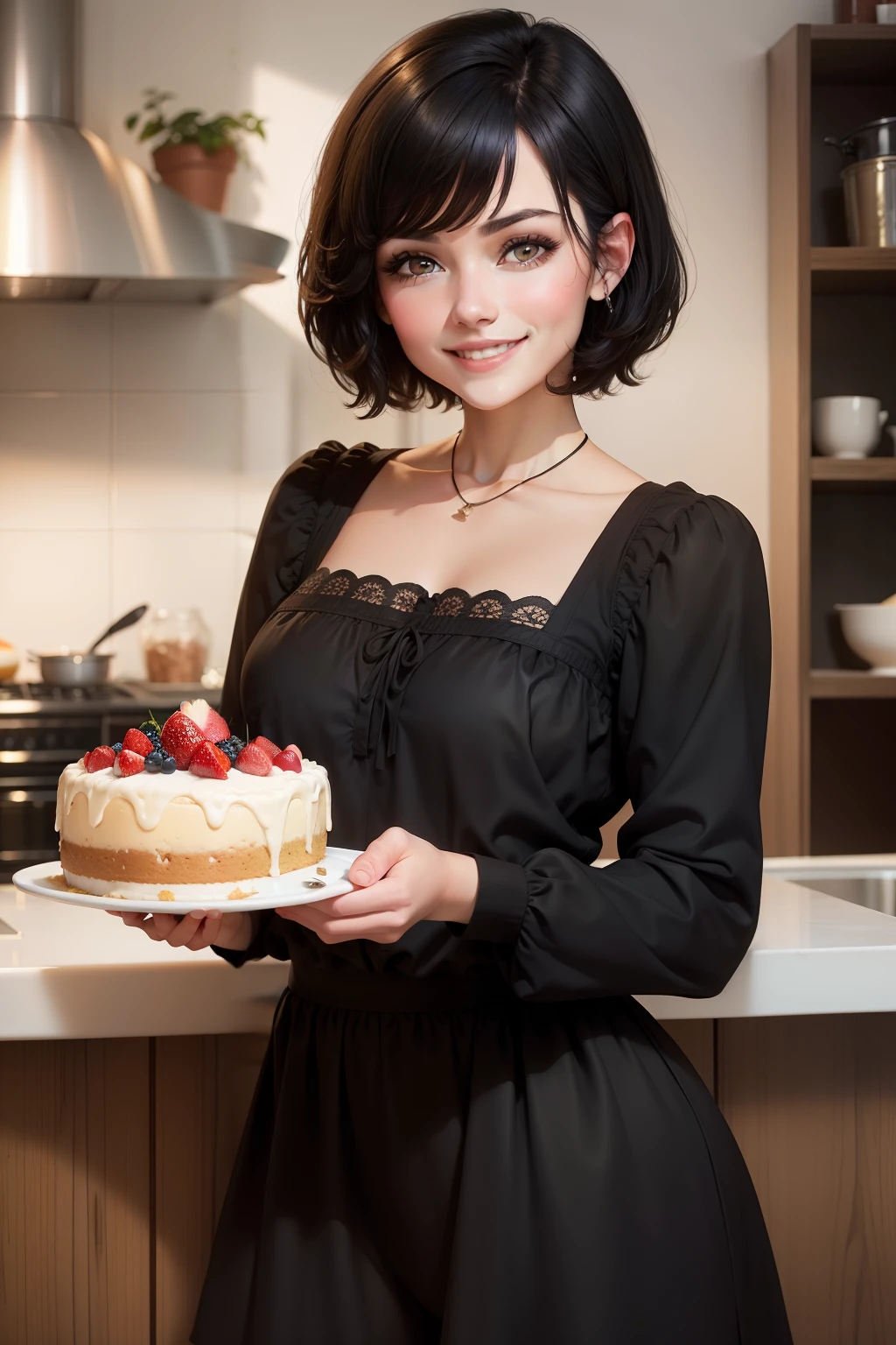 Short black haired woman holding cake and smiling adolable